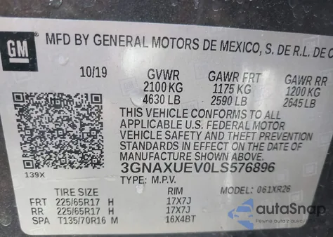 2020 Chevrolet Equinox Awd Lt 1.5L Turbo z USA, uszkodzony, nr VIN 3GNAXUEV0LS576896